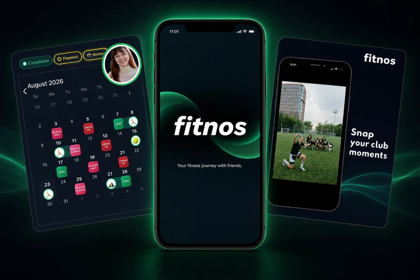 fitnos app preview — calendar, home screen and club moments